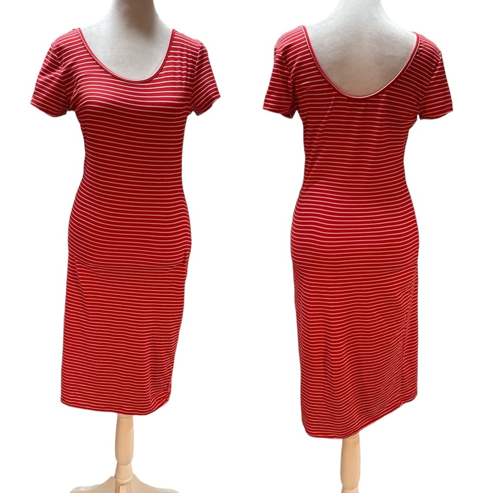 Absolutely Love It! Red with White Stripes Short Sleeve Scoop Neck Midi Dress M